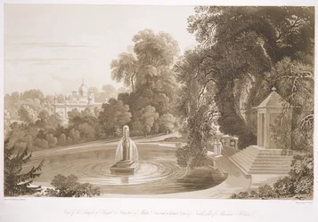 View of the Temple of Suryah and the Fountain of Mahah Doo with a Distant View of the North Side of the Mansion House, Sezincote, engraved by Frederick Christian Lewis Snr.